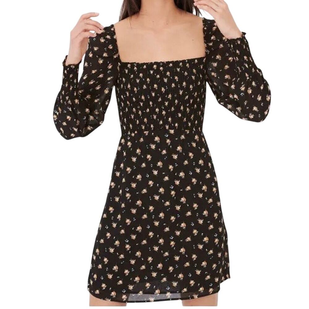 Maje Smocked Floral Mini Dress Black 36